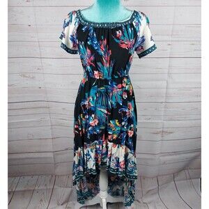 Flying Tomato Black Hi-low Dress Dark Floral Print Sz XS Off Shoulder Blue White